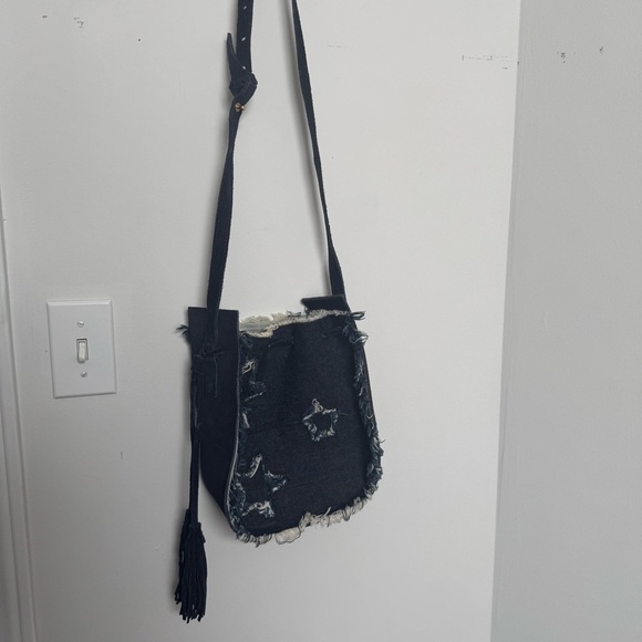 Denim & genuine leather Stylish Fringe Shoulder Bag y2k stars coastal cowgirl - Picture 2 of 7